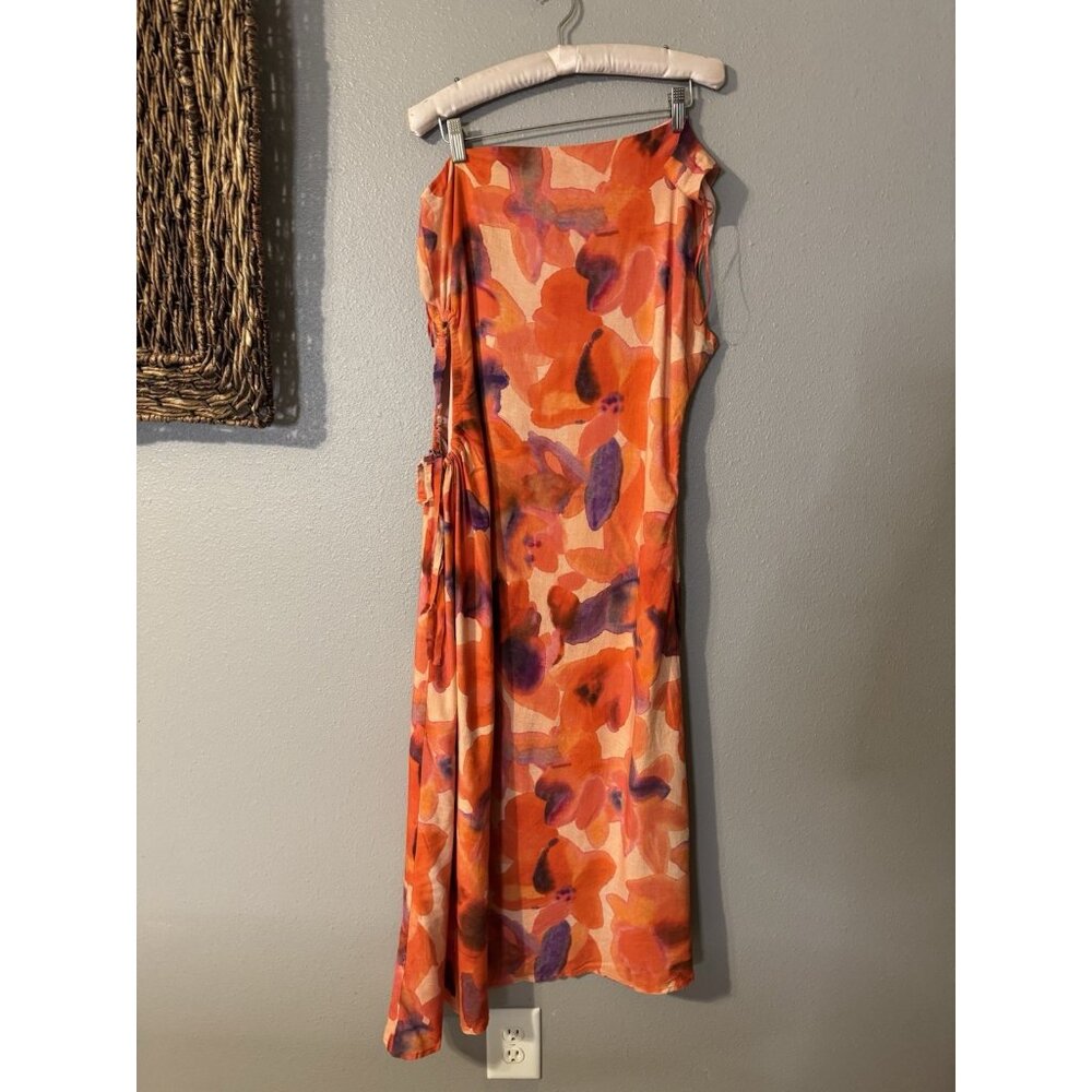 Chelsea28 Midi Dress L Large Purple Orange Pink Floral Linen One Shoulder - Picture 10 of 13